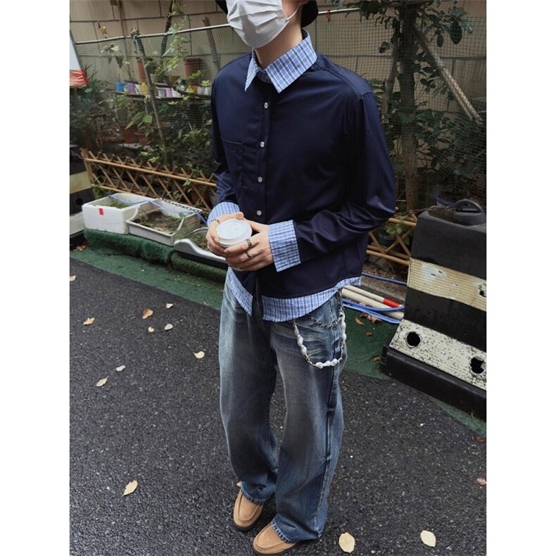 美式复古学院风藏蓝色格子拼接假两件衬衫男长袖衬衣cleanfit外套,男装衬衫,星座1210-1