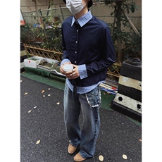 美式复古学院风藏蓝色格子拼接假两件衬衫男长袖衬衣cleanfit外套，男装衬衫，星座1210-1