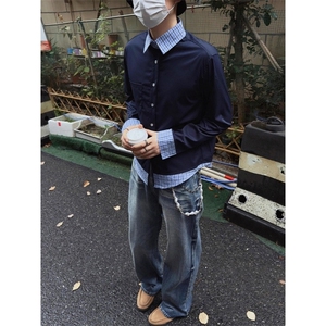 美式复古学院风藏蓝色格子拼接假两件衬衫男长袖衬衣cleanfit外套图片