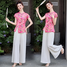 新中式国风套装女2025夏新款大方得体贵气感御姐阔腿裤穿搭两件套，女装套装/套裙，韩宇舍