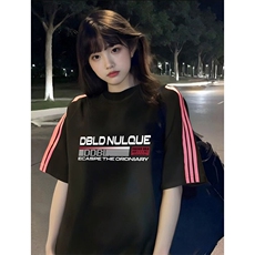 抖音得物品质二开240克宽松纯棉美式潮牌印花三条杠中性风短袖T恤，男装T恤，电商A486