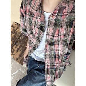 百搭美式复古拼色扎染短袖衬衫男女夏季宽松百搭外套上衣 C455图片