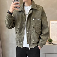 棕色做旧皮衣外套男痞帅设计感小众情侣休闲翻领夹克JK8896，男装皮衣，星座1116A（原606A-3）