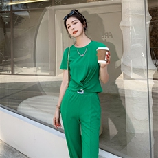 现货-休闲时尚套装女2023夏季新款设计感小众绿色成套搭配两件套，女装套装/套裙，霓裳依族