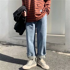 牛仔裤男春秋韩版宽松ins直筒阔腿裤高街格子翻边老爹裤NK51-P45图片