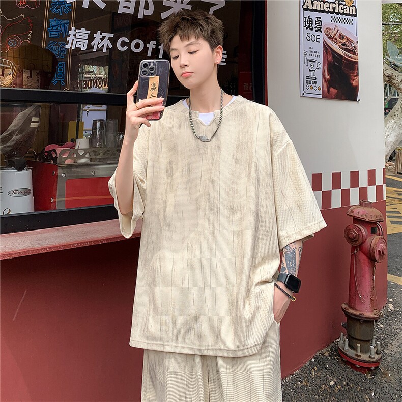2025 夏季新款扎染美式冰丝五分袖短裤套装潮流 TZ5622/特P50 杏5图片