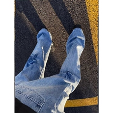 vibe做旧水洗闪电纹牛仔裤男春秋季宽松街头风直筒裤子修身休闲裤，男装牛仔裤，星座410-7