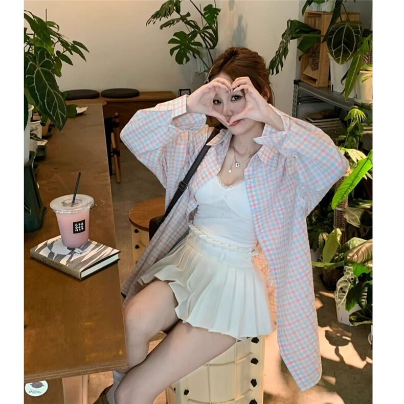 TC684-p45森系甜美蓝色格纹衬衫女早秋宽松休闲显瘦中长款衬衣,女装衬衫,星座617A-2