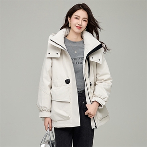 纯色白鸭绒加厚连帽派克服女秋冬韩系高级感长袖羽绒服上衣图片