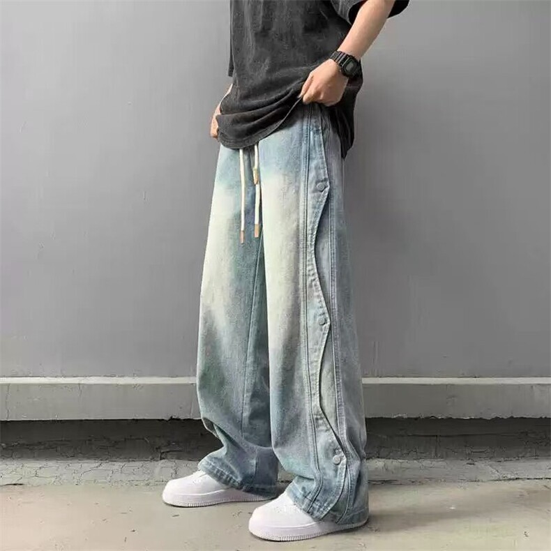 水洗做旧直筒解析设计纽扣牛仔裤男生宽松复古扎染阔腿抽绳微喇裤图片