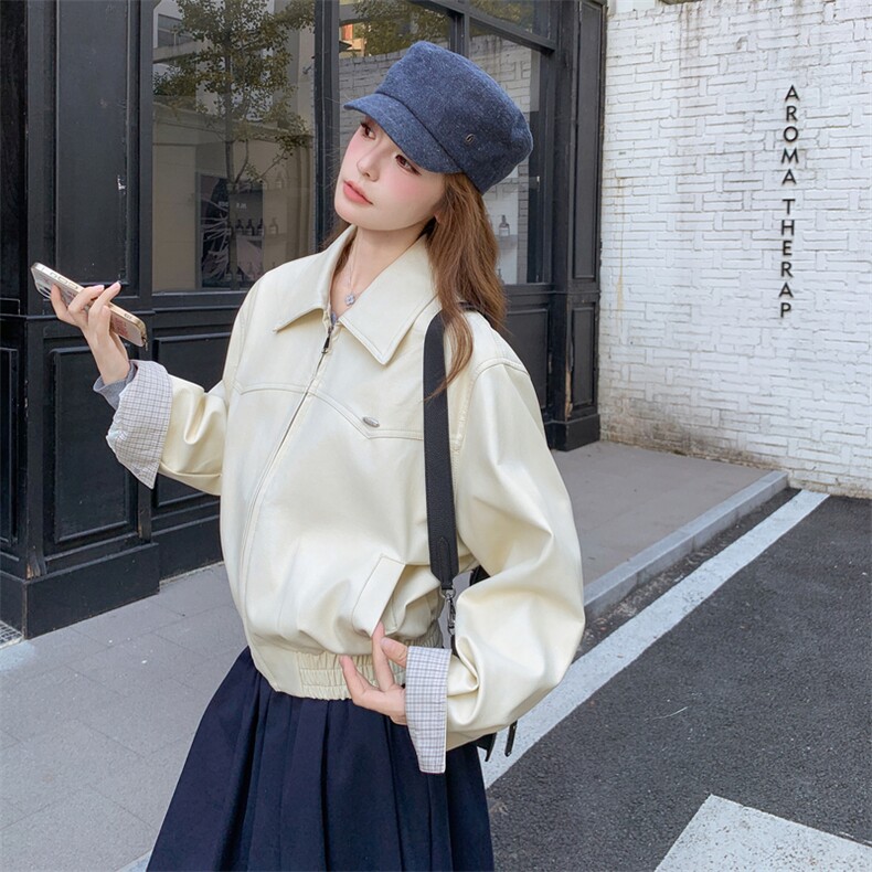 韩系休闲翻领夹克女2025秋季新款超好看百搭减龄小个子短款外套潮,女装皮衣,2C058