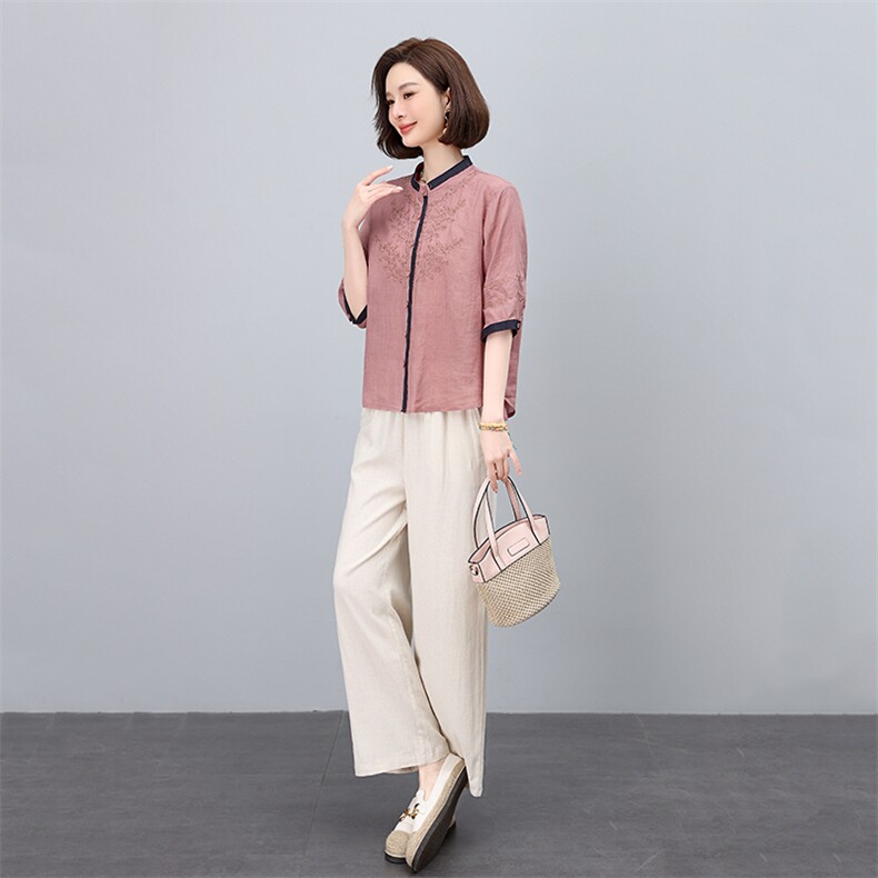 2025夏季新款时尚套装女立领真丝提花上衣阔腿裤两件套久恒雅鑫,女装套装/套裙,凝聚力