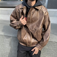 秋季百搭美式翻领夹克外套怀旧街头复古擦色做旧皮衣PU皮W9289，男装夹克，星座1116A-1（原606A）