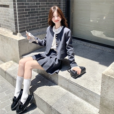 灰色时尚小香风套装女2025春秋新款洋气减龄短外套百褶短裙两件套，女装套装/套裙，2B237