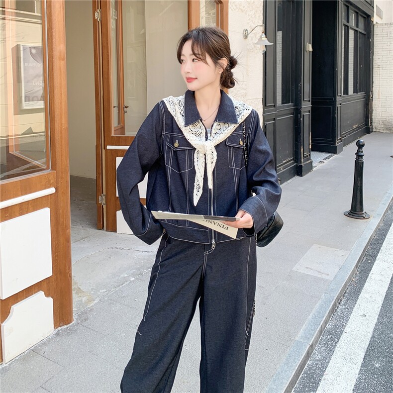 【新品】牛仔套装短外套+弯刀裤两件套带蕾丝披肩,女装套装/套裙,2B076