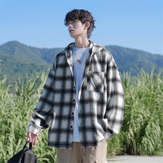 2026春季新款黑白格子连帽大码夹克毛呢衬衫外套J5255-特P45控88，男装夹克，电商A001