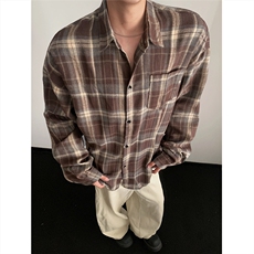 现货~格子大码长袖衬衫C5886/特P23咖啡，男装衬衫，电商A094