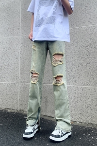 现货 夏季修身vibe美式高街破洞黄泥染拉链牛仔裤男K822-K823-P55图片
