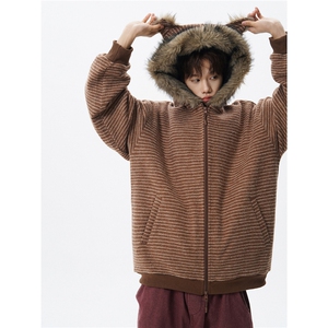M-6XL美式连帽耳朵条纹毛领座山雕价格男夹棉毛呢棉服外套ZSD8001图片