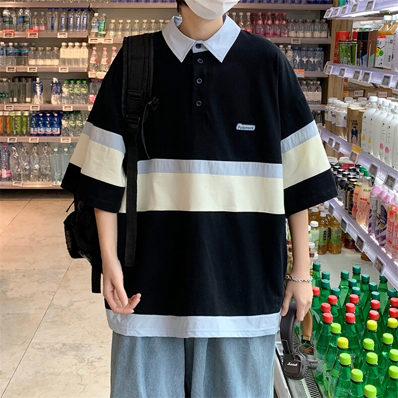 夏季新款港风条纹polo衫短袖男潮流宽松T187-P26图片