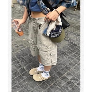 网图美式复古多口袋工装短裤男女宽松水洗直筒五分裤DN104-P60图片