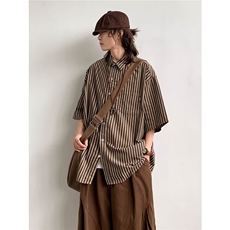 日系复古原宿风条纹短袖衬衫男女夏季宽松工装衬衣A5216-P35，男装T恤，星座208-5