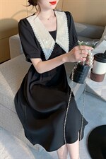 娃娃领复古连衣裙女2024夏季短袖收腰A字显瘦气质裙子，女装连衣裙，美吧服饰