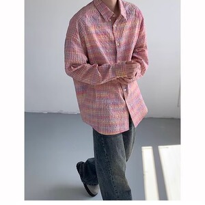 设计感格子纹泡泡袖衬衫男宽松廓形衬衣外套防晒秋季LSD51P39,粉色毛衣能搭配黑色外套吗图片