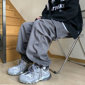 港风秋款男工装裤大口袋褶皱束脚直筒宽松纯棉长裤h122 P45图片
