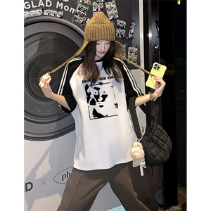 抖音得物品质二开240克宽松纯棉美式潮牌插肩三杠织带短袖T恤图片