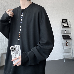 8XL-M 慵懒肌理感华夫格廓形云母贝纽扣长袖T恤打底长袖CX3006P48图片