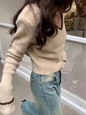 秋冬韩版V领拼色百搭针织打底衫女短款高腰毛衣时髦外穿，女装针织衫/毛衣，半城羊绒
