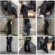 美式牛仔裤裤子vibe高街设计复古拉链直筒开叉宽松休闲长裤NZG02，男装牛仔裤，星座516A