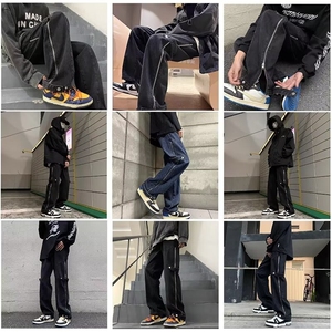 美式牛仔裤裤子vibe高街设计复古拉链直筒开叉宽松休闲长裤NZG02图片
