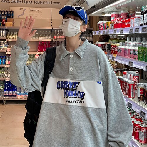 复古春季Polo衫长袖卫衣美式男潮ins字母拼接港风上衣W2597-P32,男装卫衣,星座512-2