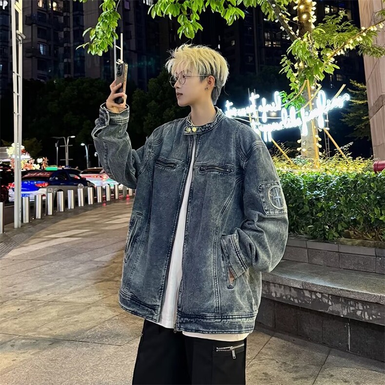 春季美式复古水洗立领牛仔外套男士潮牌潮流2215-P74,男装工装外套,星座1109-3