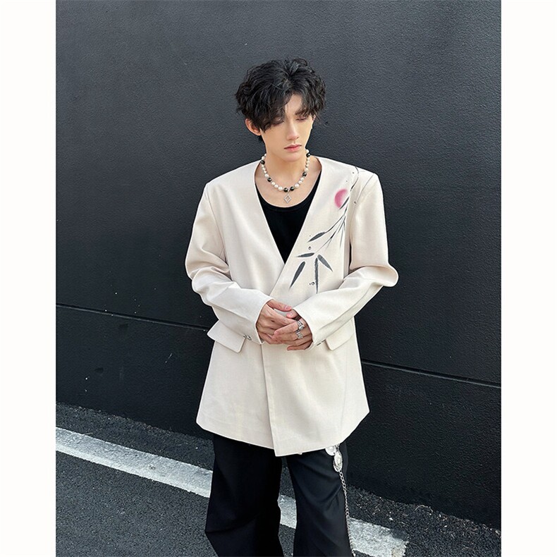 25新中式竹叶男士V领金属扣西装外套XZ121-P128,男装西服,电商B288