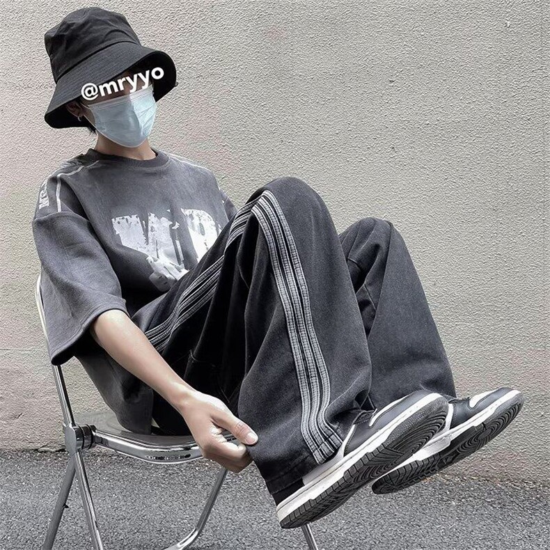 高街牛仔裤男韩版潮流三条杠拼色2026夏季新款ins长裤RK1208-P43,男装牛仔裤,星座412-2