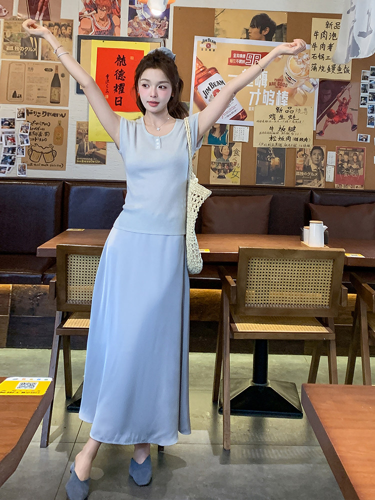法式蕾丝绣花背心套装裙女2025夏季新款甜美减龄T恤半身裙三件套,女装套装/套裙,浙宝305
