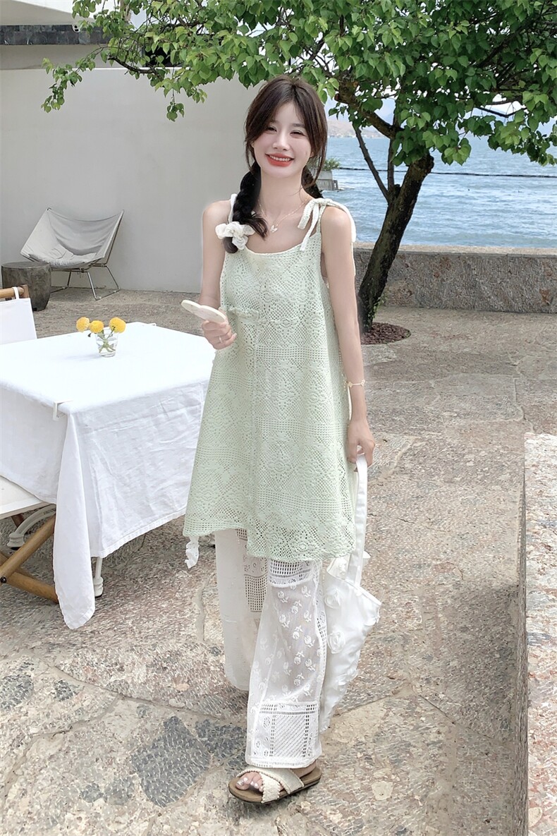 重工绿色镂空无袖吊带蕾丝阔腿裤套装女夏度假风韩里韩气两件套,女装套装/套裙,2D078