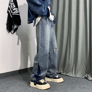 秋季水洗拼接牛仔裤美式复古破洞宽松直筒微喇叭裤男 K5377-P40图片