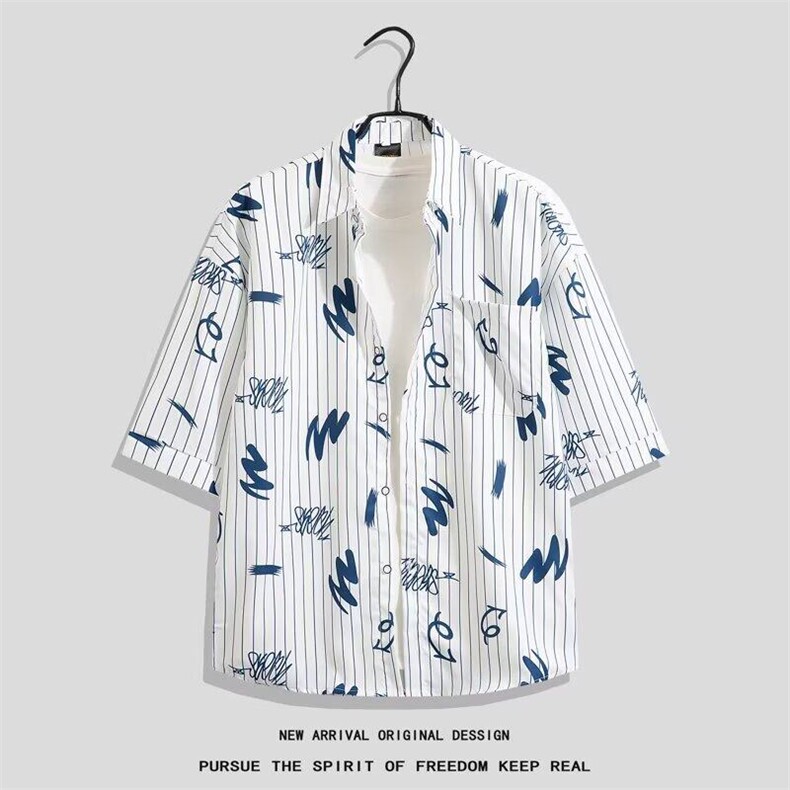 字母印花衬衫男士夏季套装凉感短袖衬衣服男生酷帅穿搭一整套,男装衬衫,星座506B