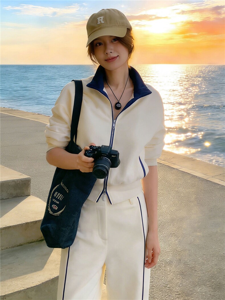 韩货高级感休闲运动套装女春季减龄修身立领卫衣高腰阔腿裤两件套,女装套装/套裙,江南