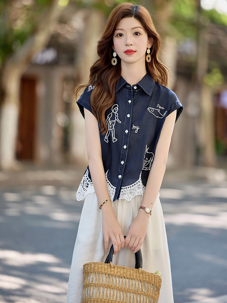 时尚休闲气质套装女2025夏新款撞色刺绣无袖翻领衬衫阔腿裤两件套,女装套装/套裙,木橙西子
