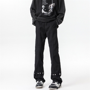 春季美式高街复古微喇牛仔裤男款显瘦铆钉直筒加长版裤子KZ015P60图片
