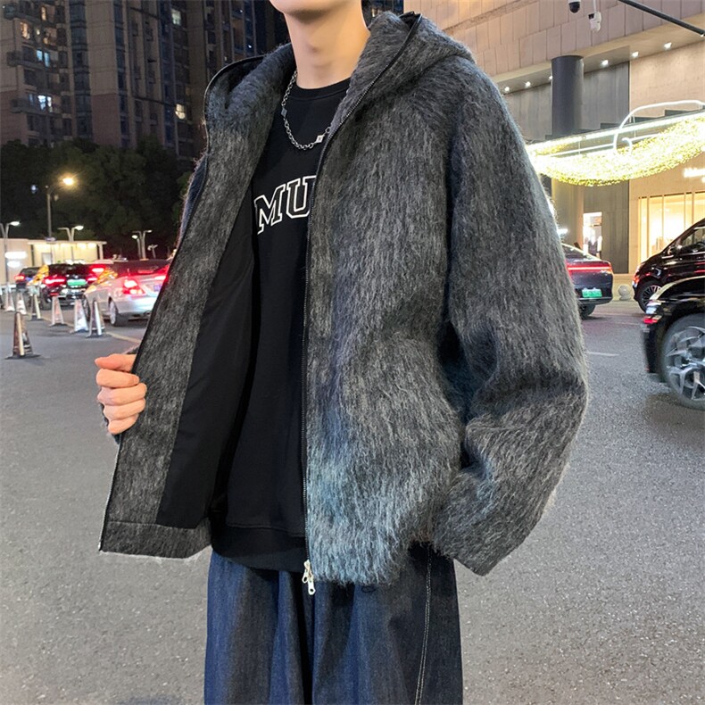 美式复古马海毛连帽男慵懒风高级感短款开衫针织夹克JK02563-P90,男装夹克,星座308B-2