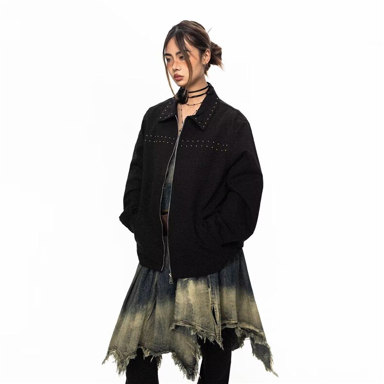 W9512-P78 网图现货 新款美式潮牌铆钉装饰翻领外小众潮百搭夹克图片