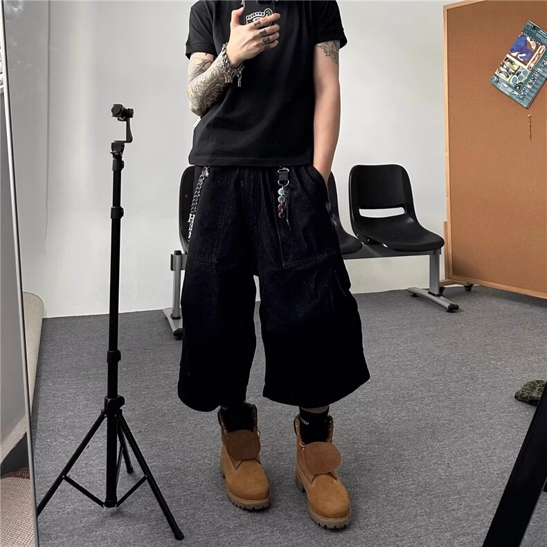 美式日常休闲多口袋设计工装牛仔短裤男cleanfit直筒阔腿七分中裤,男装牛仔裤,星座506A
