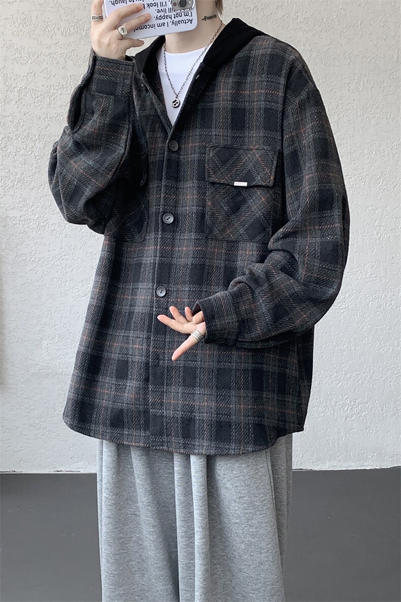 美式复古连帽格子衬衫大码磨毛长袖衬衣慵懒风宽松外套CS9007/P55,男装衬衫,电商B238