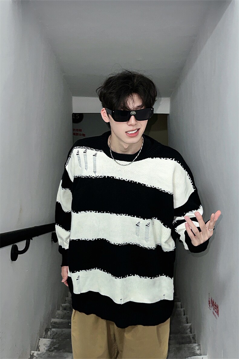 条纹撞色针织衫男秋美式慵懒风高级感毛衣外套XZ514-2-24260-P78,男装针织衫/毛衣,星座514-2(原B239)